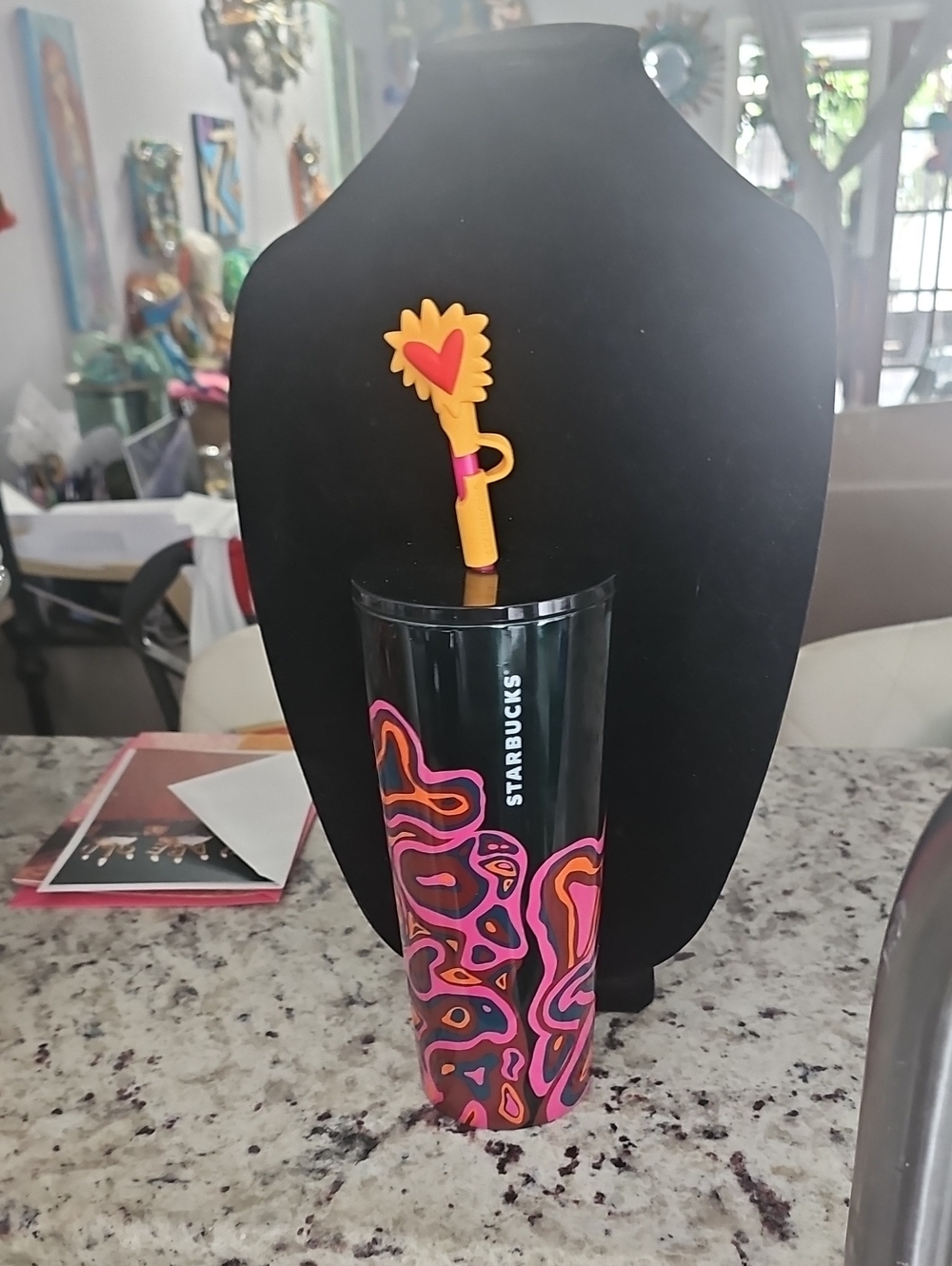 Starbucks Black Tumbler with Pink and Orange Abstract Swirl